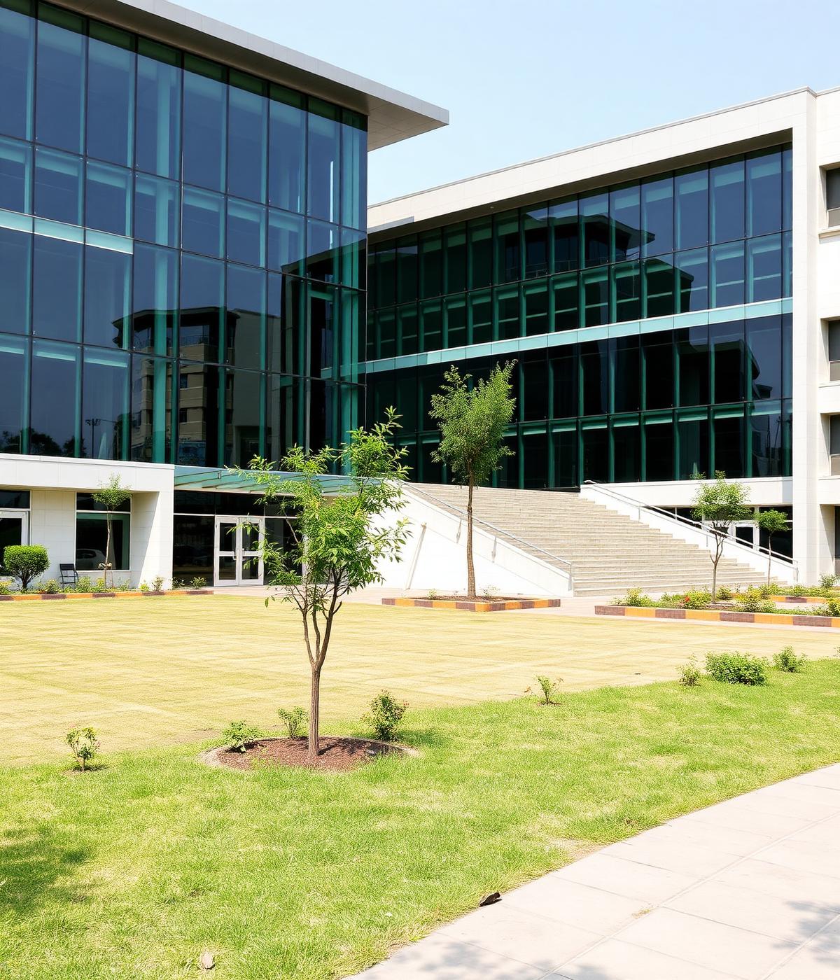 The ICBM-SBE academic block with glass facade and landscaped lawn